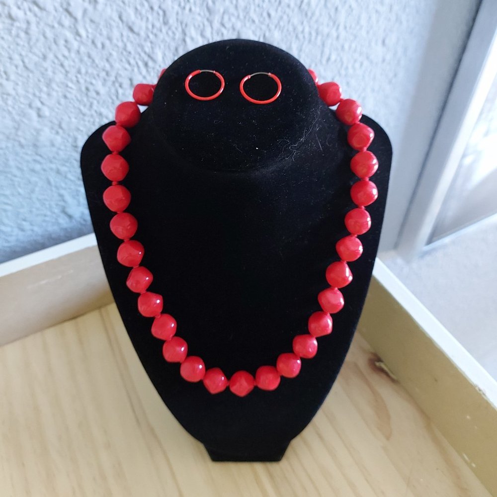 Vintage Large Red Bead Necklace & Hoop Earring set
